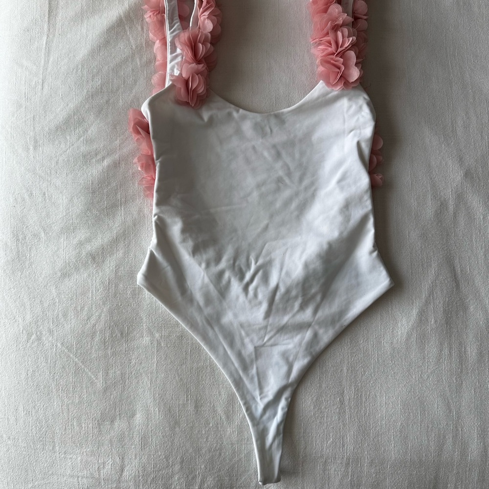 Fashion Nova White Bodysuit with Pink Floral Accents